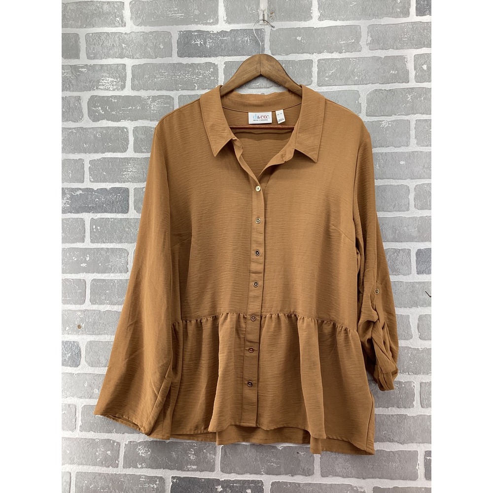 Denim & Co Women XL Cognac Brown Peplum Button Down Roll Tab Sleeve Blouse